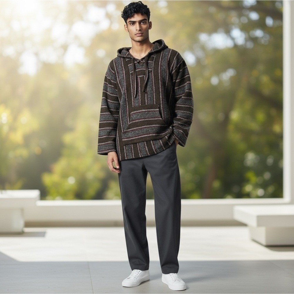 Men's Baja Hoodie Pullover Striped‎ Mexican Drug Rug Hippie Sweater XL